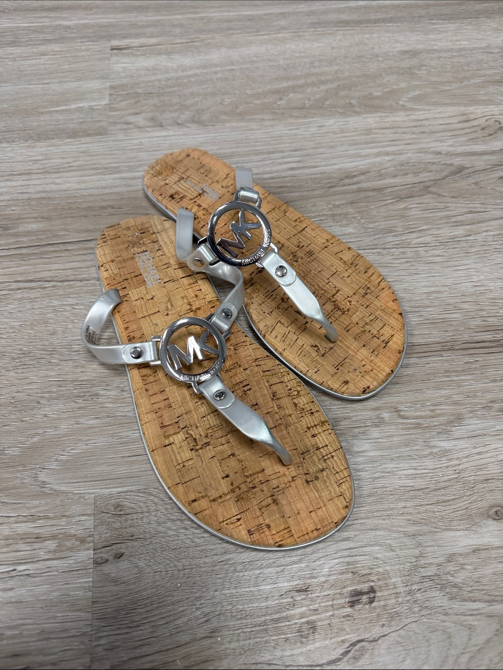 MICHAEL - Michael Kors Silver and Cork Thong Sandals - 7M